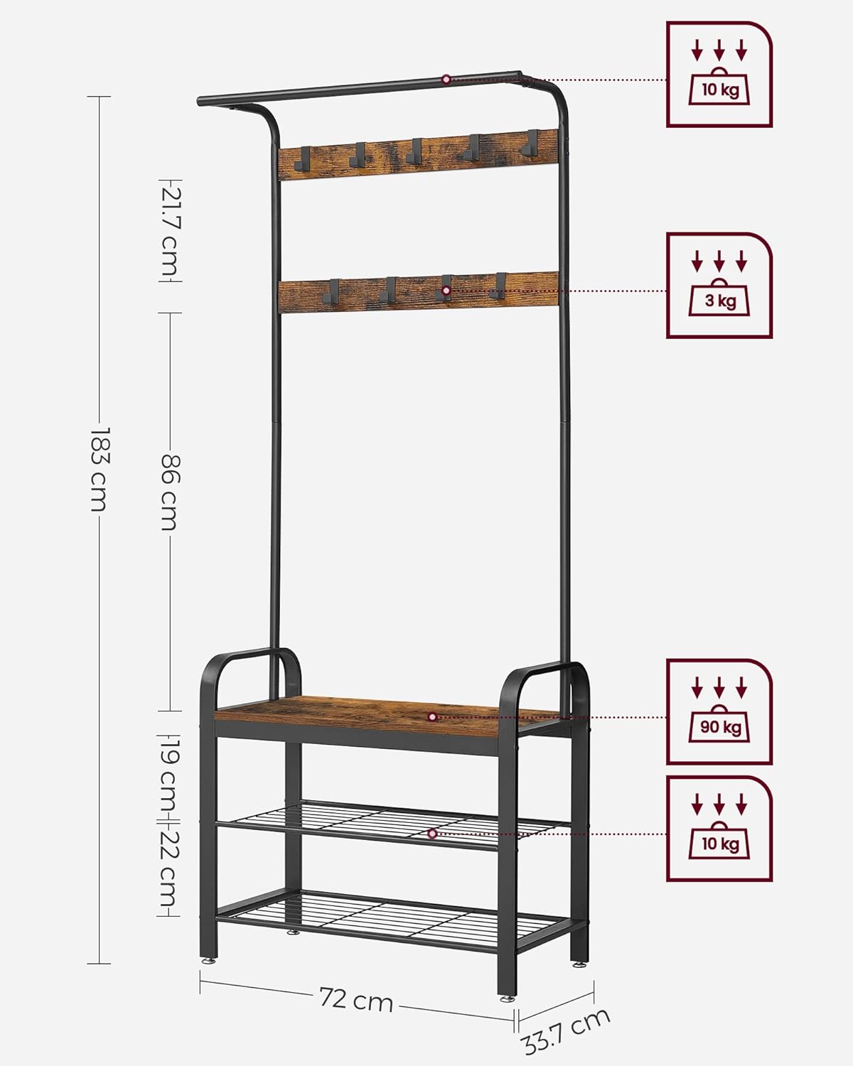 VASAGLE Cuier pentru haine, cu banc depozitare pantofi, 9 carlige detasabile, sina pentru haine, 34x77x183cm, industrial, maro rustic si negru