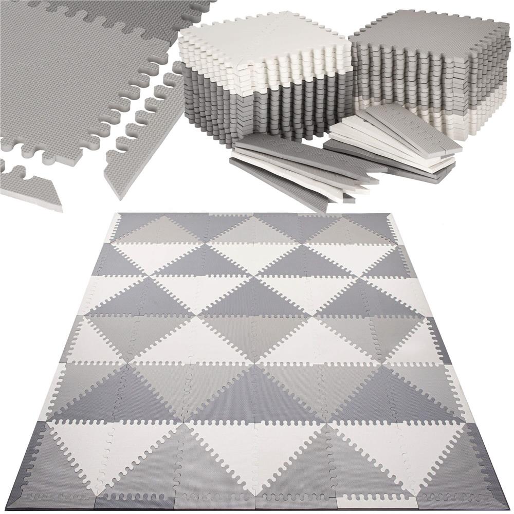 Covor din spuma pentru copii, tip puzzle triunghiuri, 96 piese,186×186 cm, alb gri