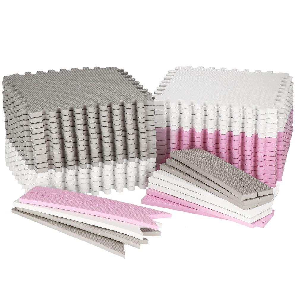 Covor din spuma pentru copii, tip puzzle triunghiuri, 96 piese,186×186 cm, gri roz