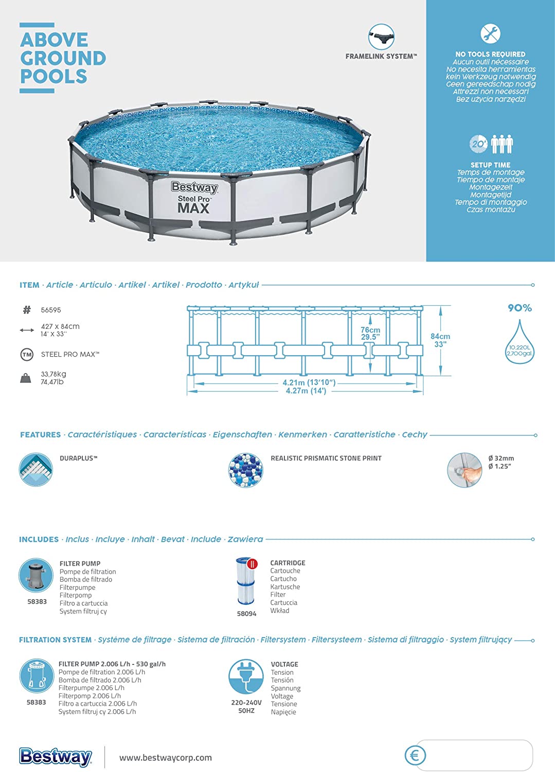 Piscina cadru metalic Bestway, 427x84 cm, 10.200 litri, cu pompa de filtrare