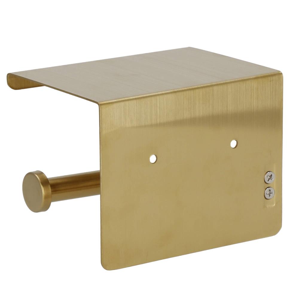 Suport hartie igienica din otel cu raft depozitare, sistem montare inclus, 13.5cm, auriu perlat