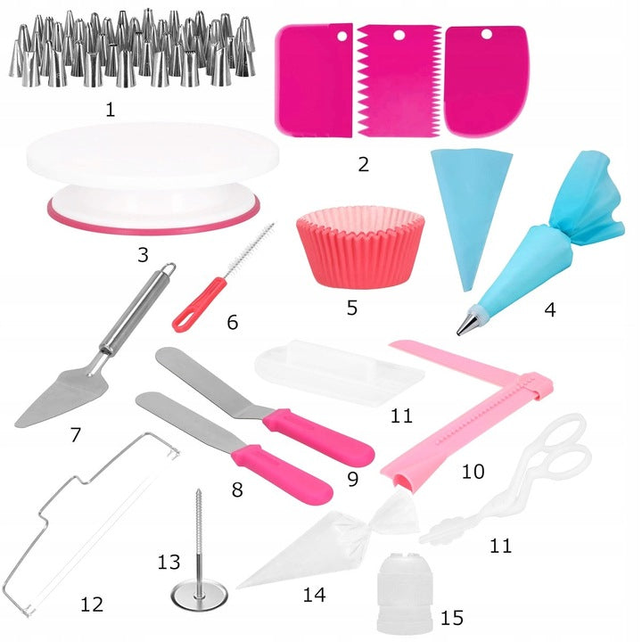 Set patiserie cu platou rotativ, 200 piese cu sabloane pentru ornarea prajiturilor