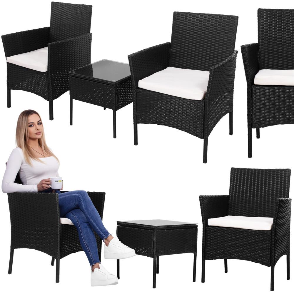 Set mobilier terasa, din tehnorattan, masa cu blat sticla securizata, 2 fotolii cu perne, negru