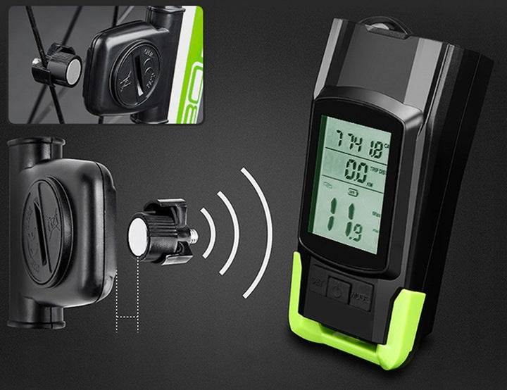 Far bicicleta 3 in 1, 2x LED 5 Wati, claxon, vitezometru, distanta, acumulator 4000mAh, USB, rezistent la apa