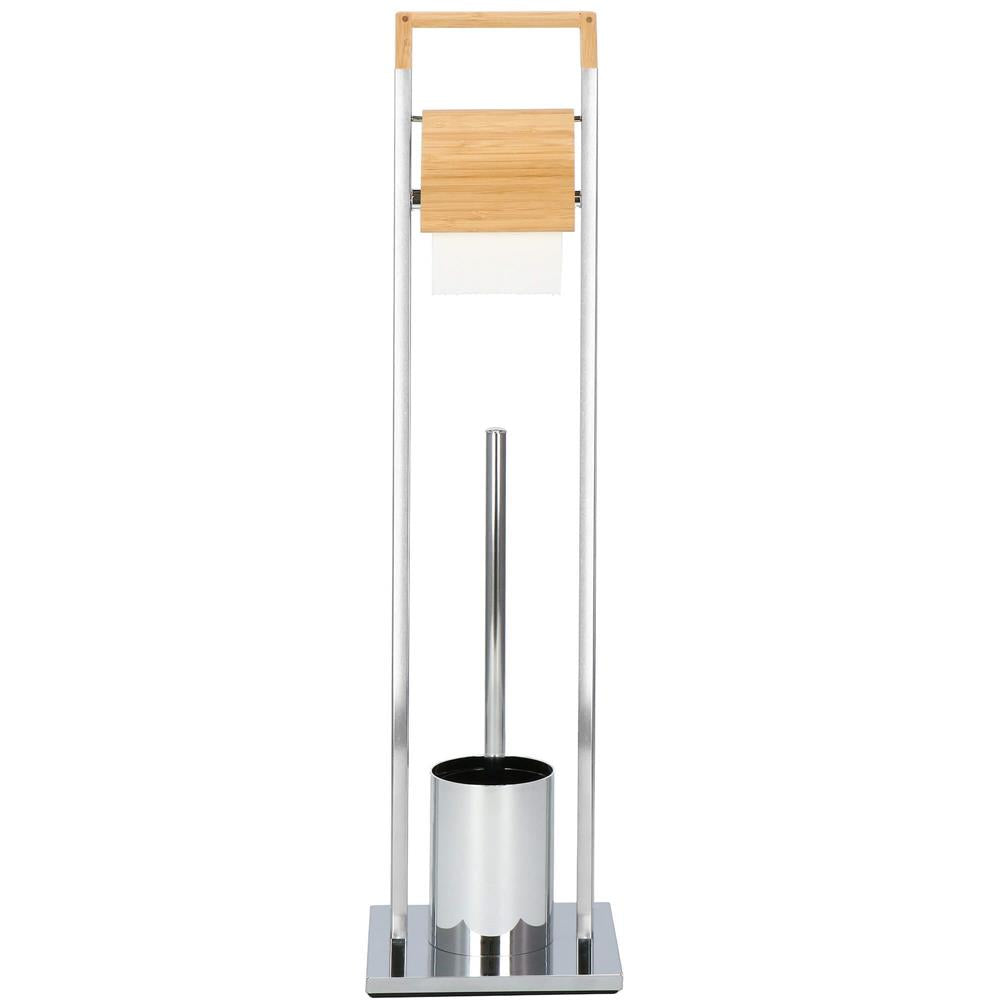 Stand cu perie WC si suport hartie igienica, inox si bambus, 75cm, argintiu