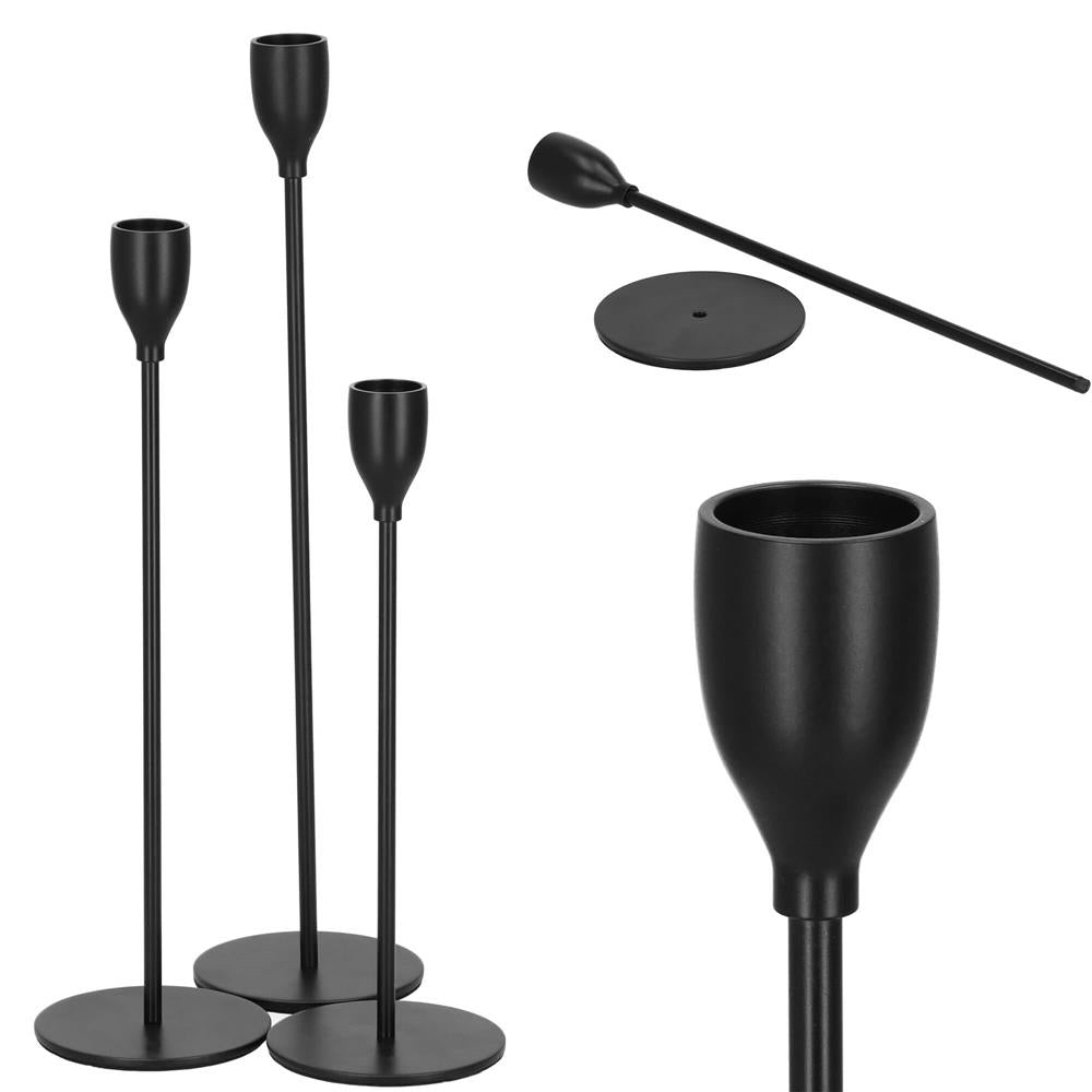 Set 3 suporturi de lumanare din metal, 23, 28 si 33cm, negru
