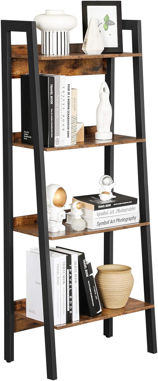 VASAGLE Biblioteca tip scara, cadru otel cu 4 polite din MDF, stil industrial, 56x34x138cm, maro rustic si negru