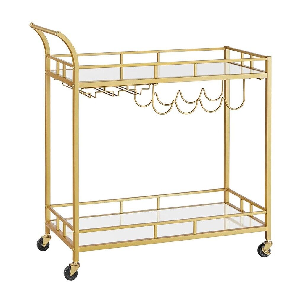 VASAGLE Carucior de servire pentru vin, suport sticle si pahare, cu 2 rafturi din sticla, 38x86x90cm, auriu