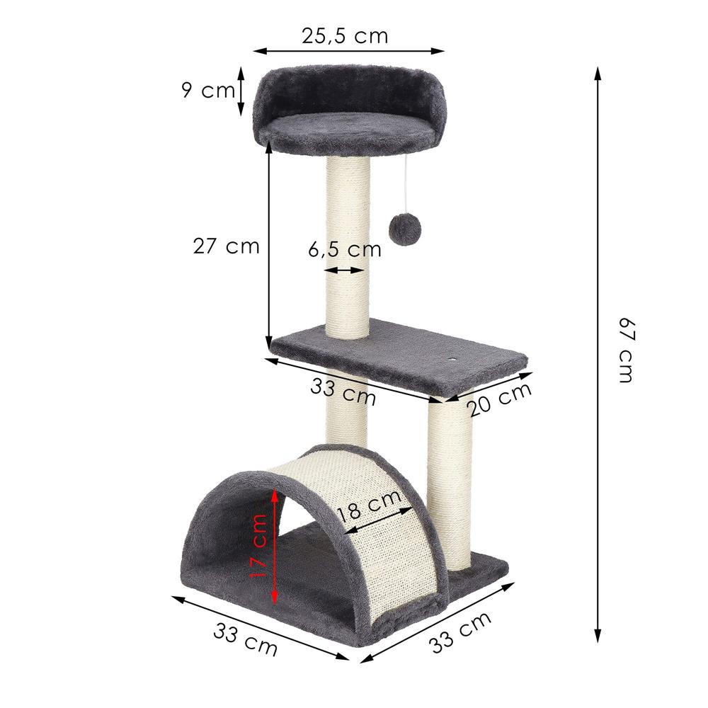 Ansamblu de joaca pentru pisici, cu loc pentru zgariat, ascuns, culcus, minge, 67cm, crem