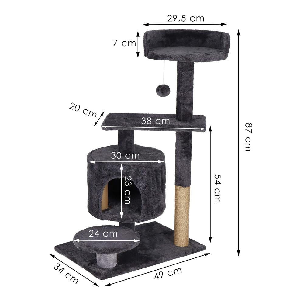 Ansamblu de joaca pentru pisici, cu loc pentru zgariat, ascuns, culcus, minge, 87cm, grafit