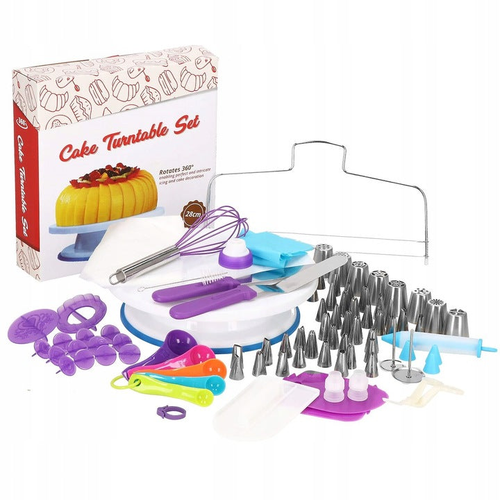 Set patiserie cu platou rotativ, 137 piese cu sabloane pentru ornarea prajiturilor