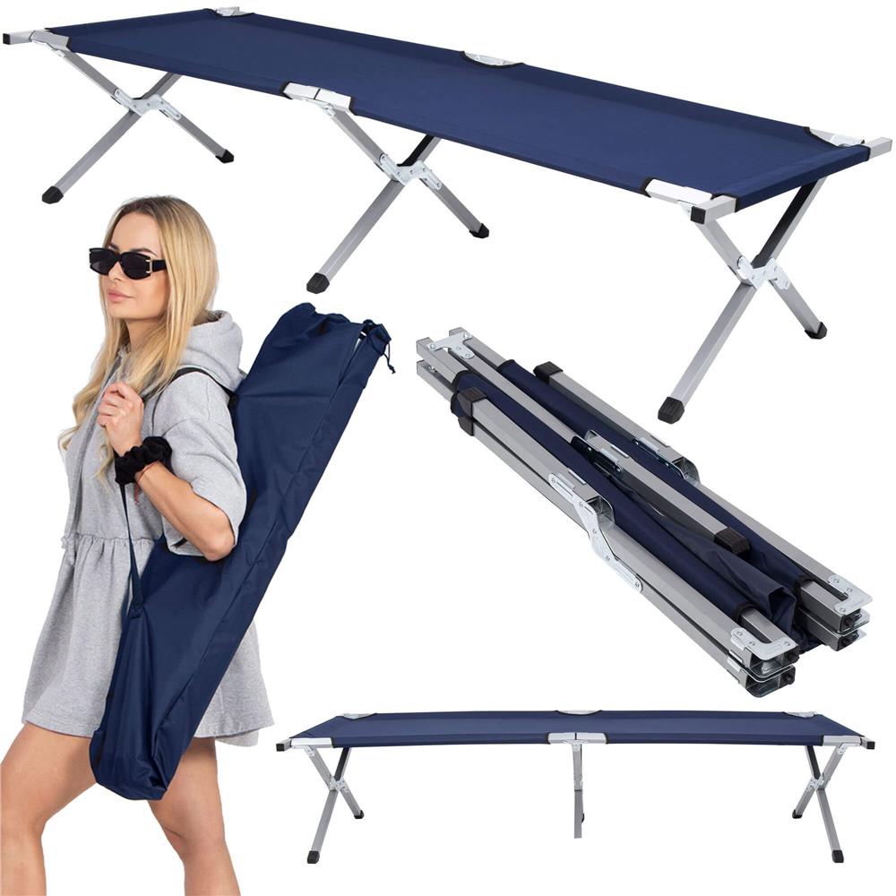 Pat pliant pentru camping, structura metalica, 190x74x42cm, 150kg, albastru marin