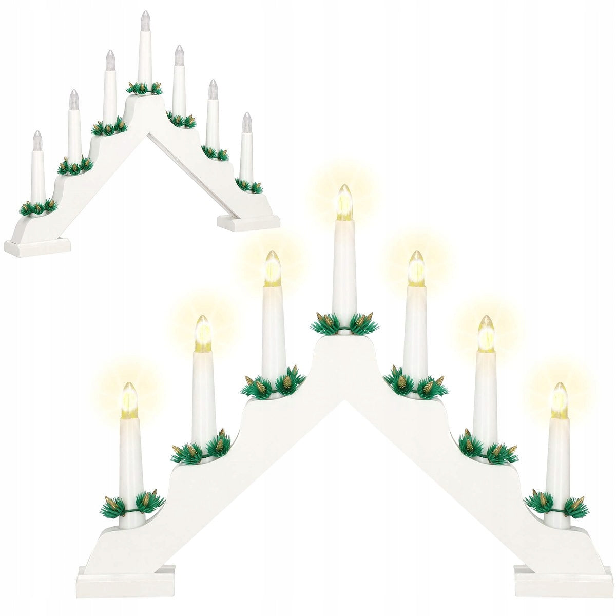 Lumanari decorative de Craciun, stand de lemn, 7 becuri tip LED, culoare alba