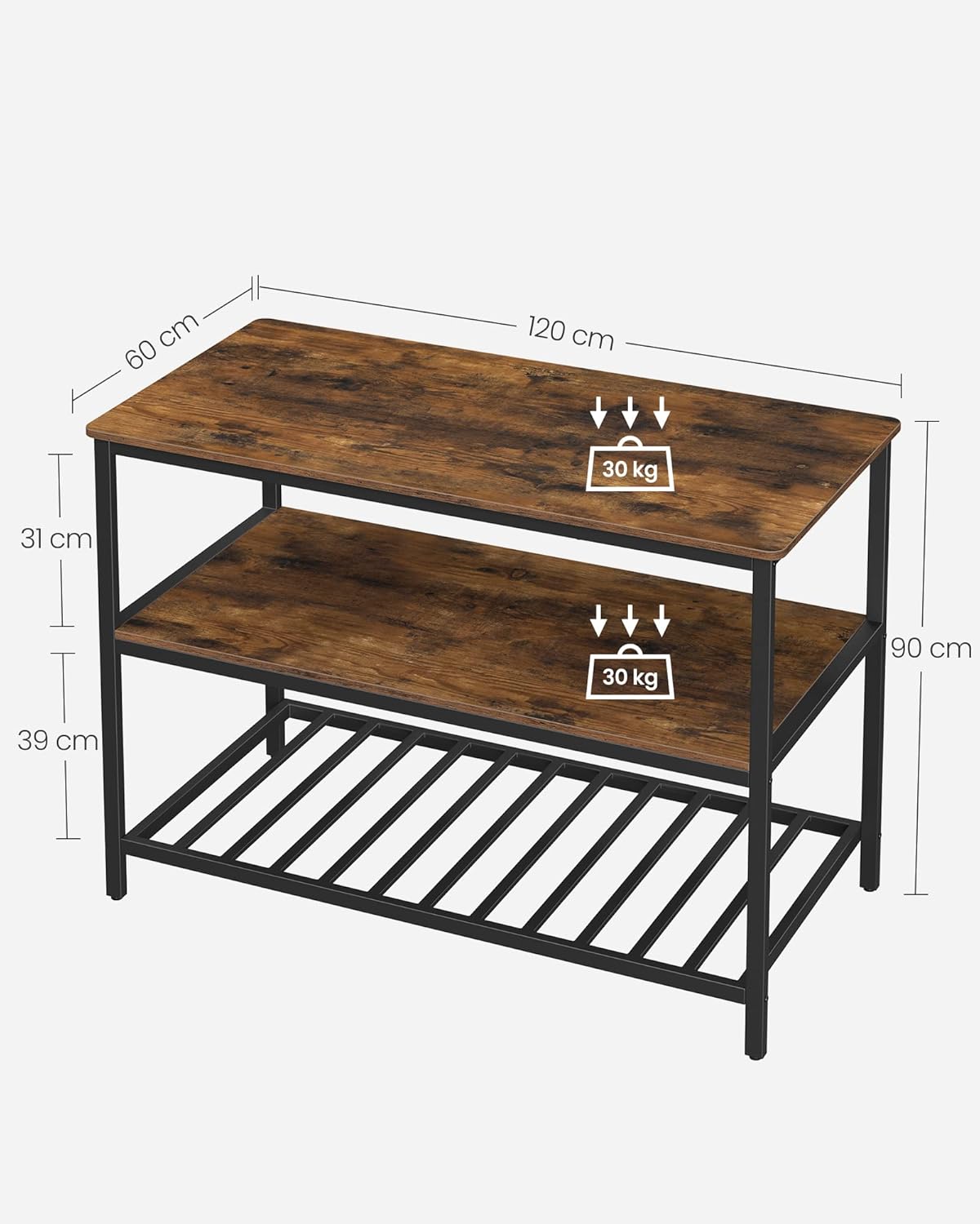 VASAGLE Raft de bucatarie tip insula, cadru de otel cu 3 nivele, stil industrial, 60x120x90cm, maro - 10