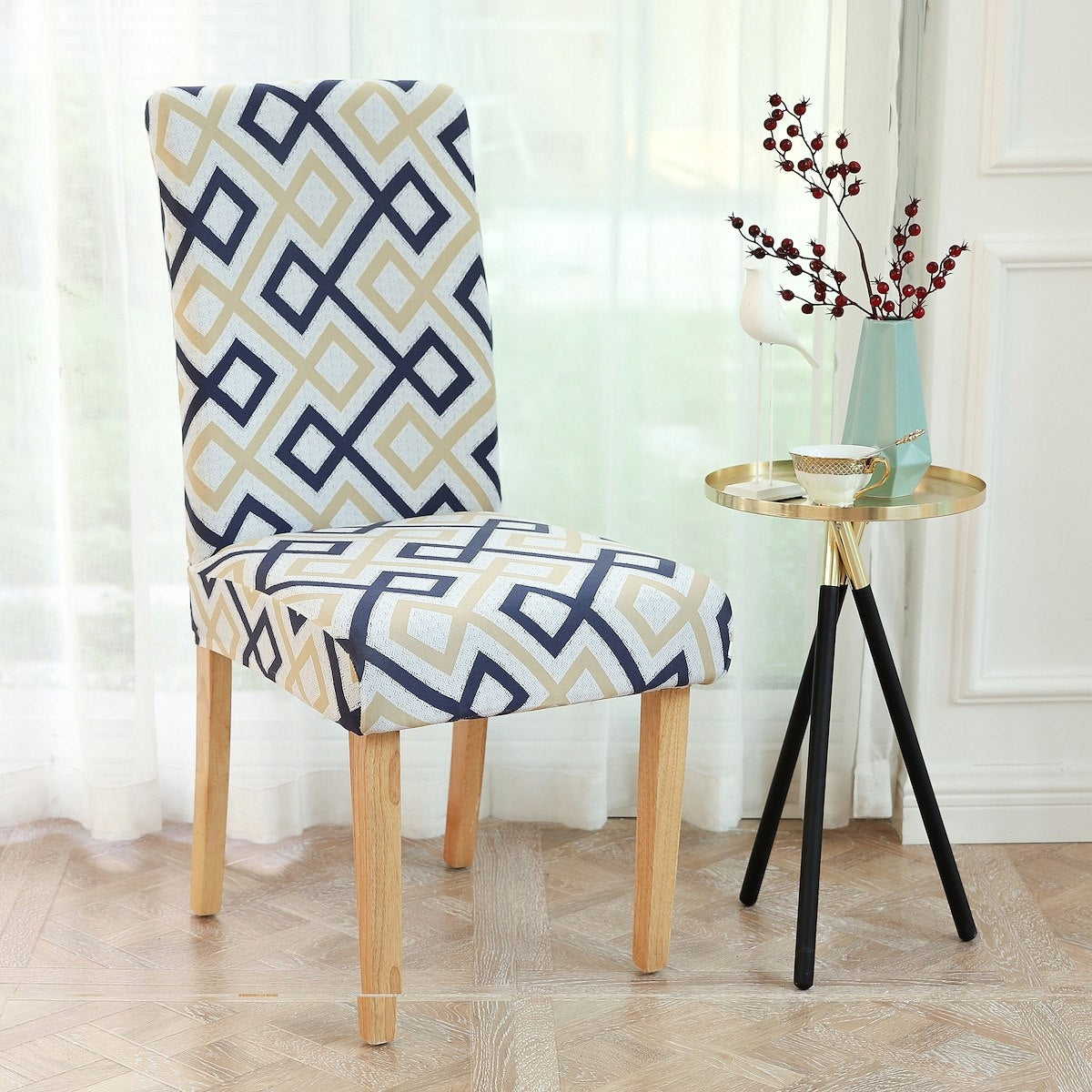 Set 4 huse universale pentru scaun, marime universala, poliester si spandex, 45 cm x 60 cm, romburi, gri albastru