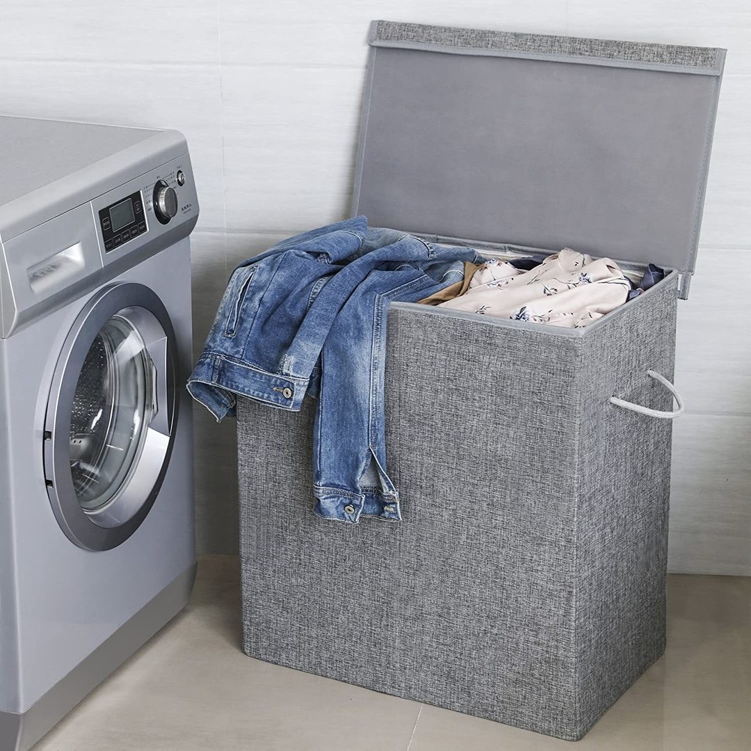 SONGMICS Cos de rufe textil, pliabil, 2 compartimente, saci detasabili, 142L, 60x36x66cm, gri