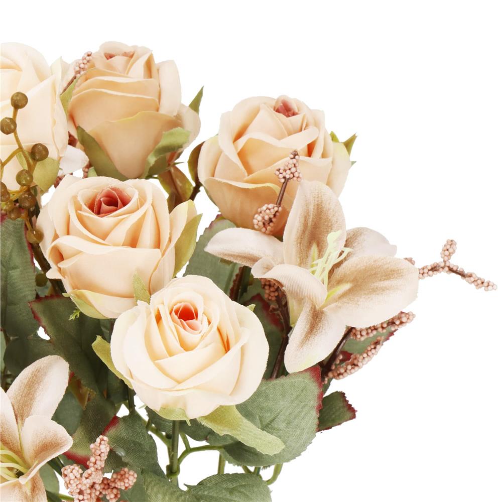 Buchet de flori artificiale din poliester, 10 fire trandafiri si crini, 37cm, crem
