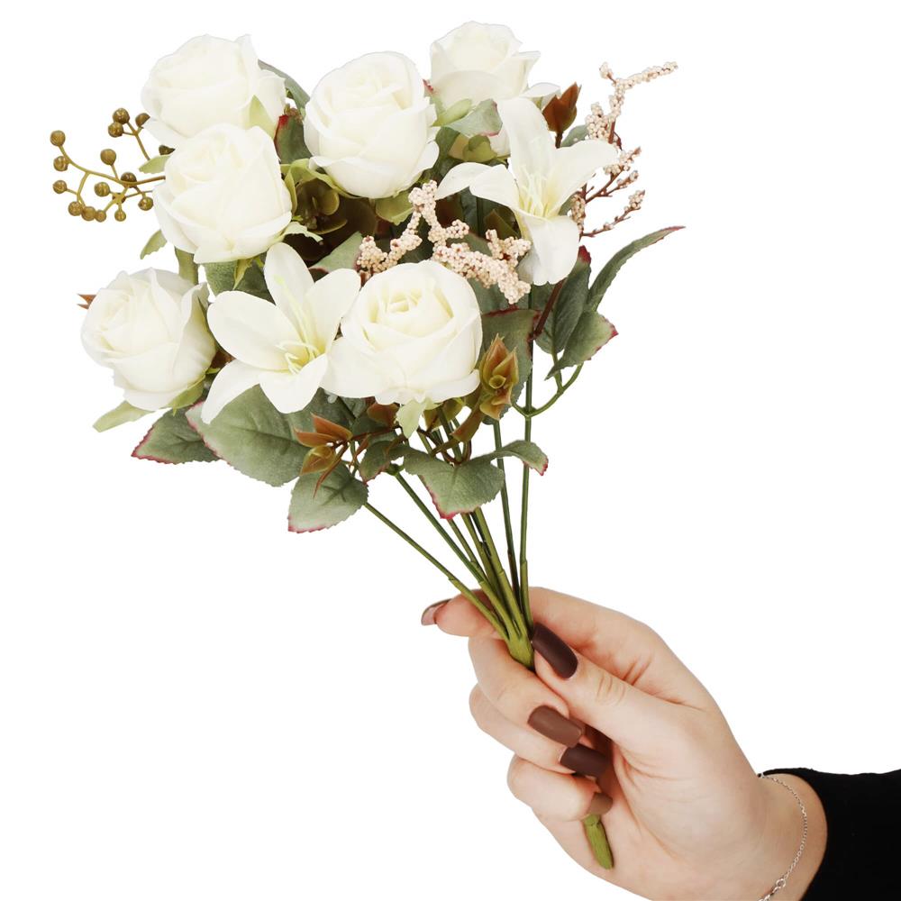 Buchet de flori artificiale din poliester, 9 fire trandafiri si crini, 37cm, alb