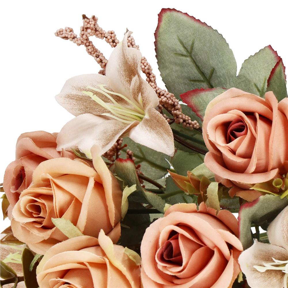 Buchet de flori artificiale din poliester, 9 fire trandafiri si crini, 37cm, roz