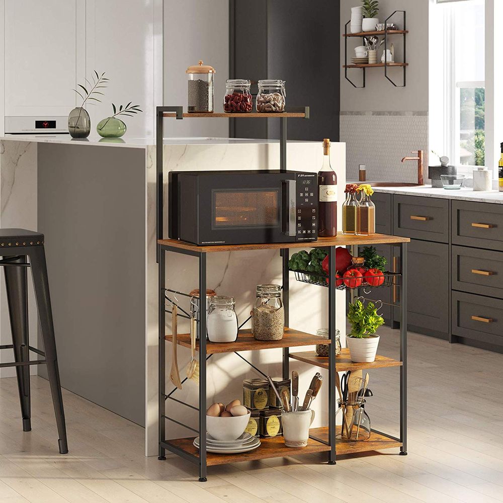 VASAGLE Raft de bucatarie, suport pentru cuptorul cu microunde, cos de sarma, 6 carlige S, 39x90x132cm, maro rustic