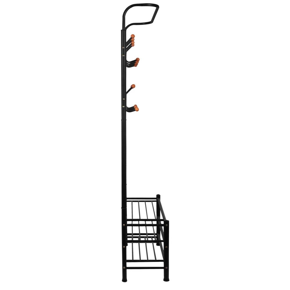Cuier haine cu suport pantofi, 18 agatatori, 2 rafturi pantofi, 187x67cm, negru