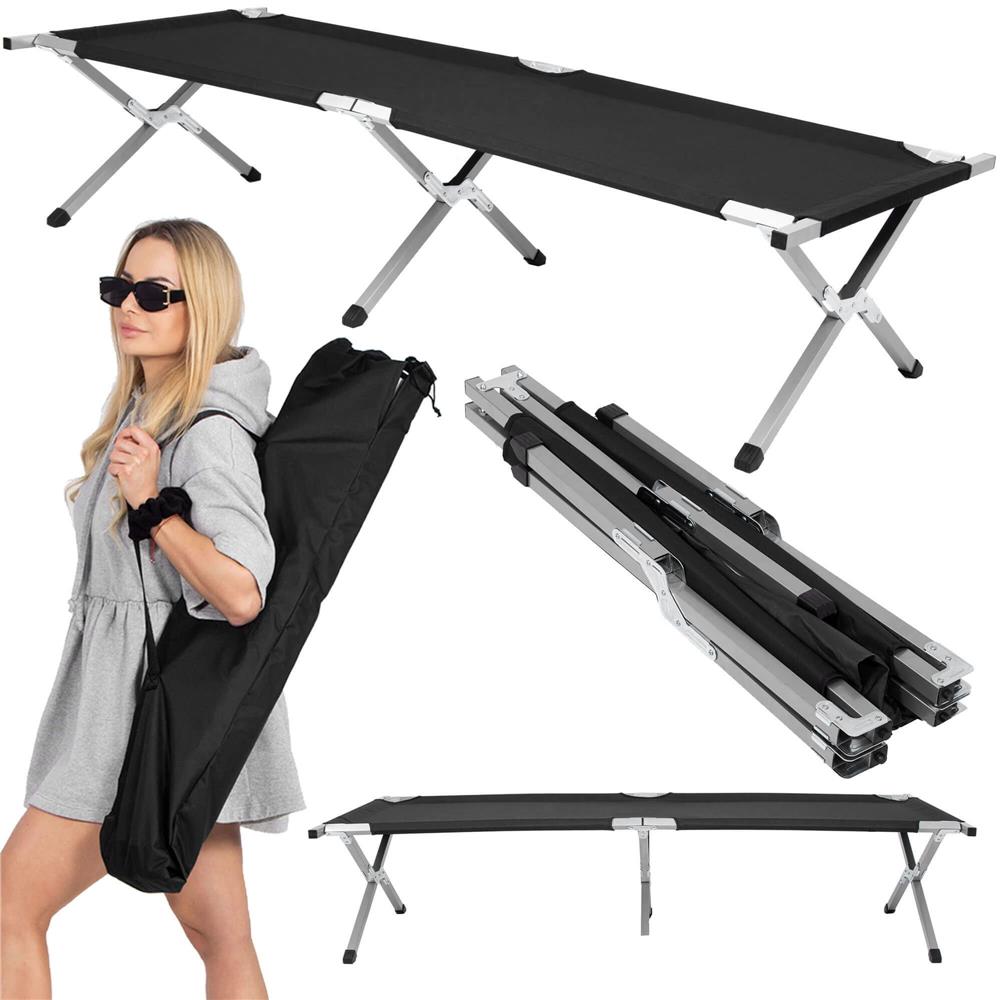 Pat pliant pentru camping, structura metalica, 190x74x42cm, 150kg, negru
