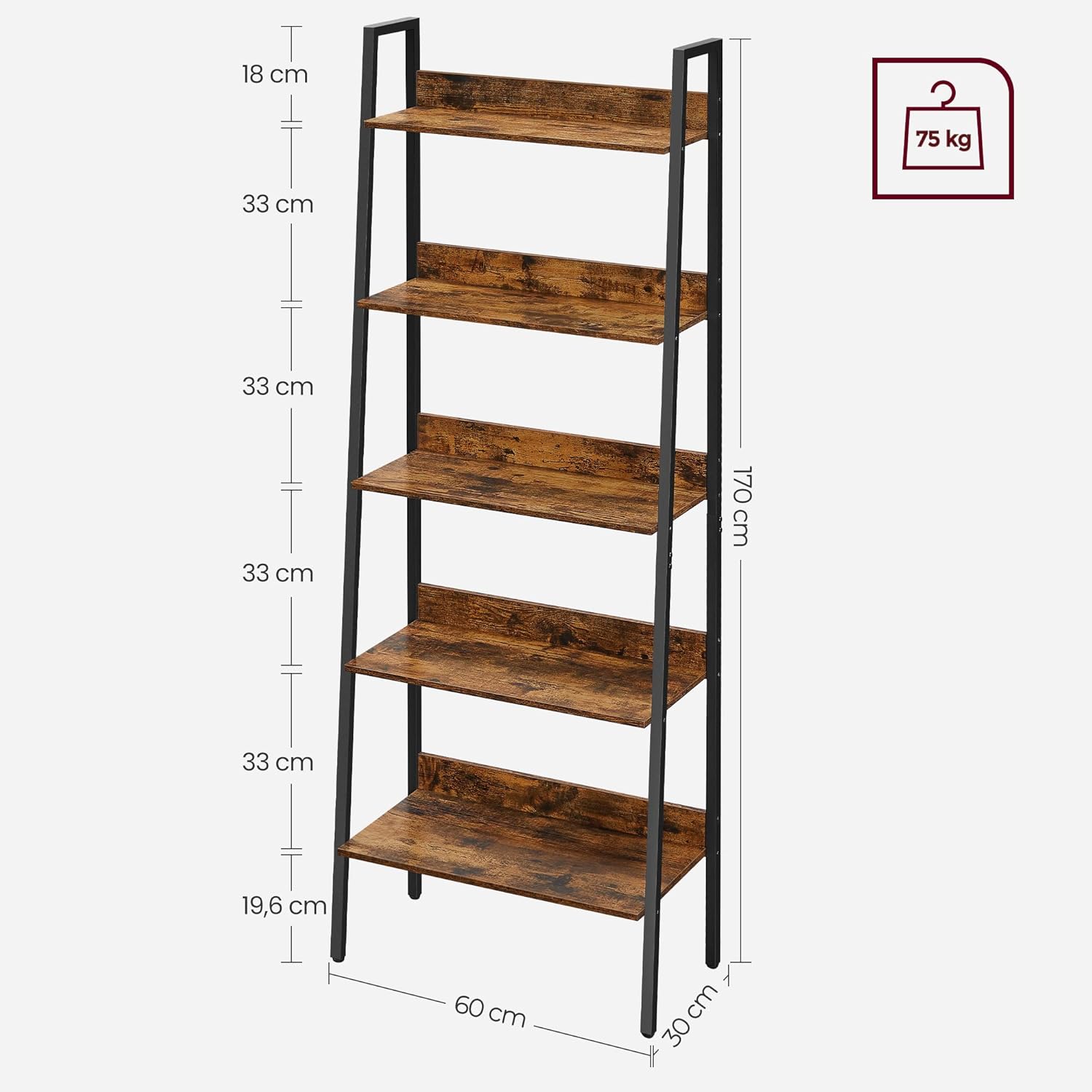 VASAGLE Biblioteca tip scara, cadru otel cu 5 polite, stil industrial, 60x30x170 cm, maro - 9