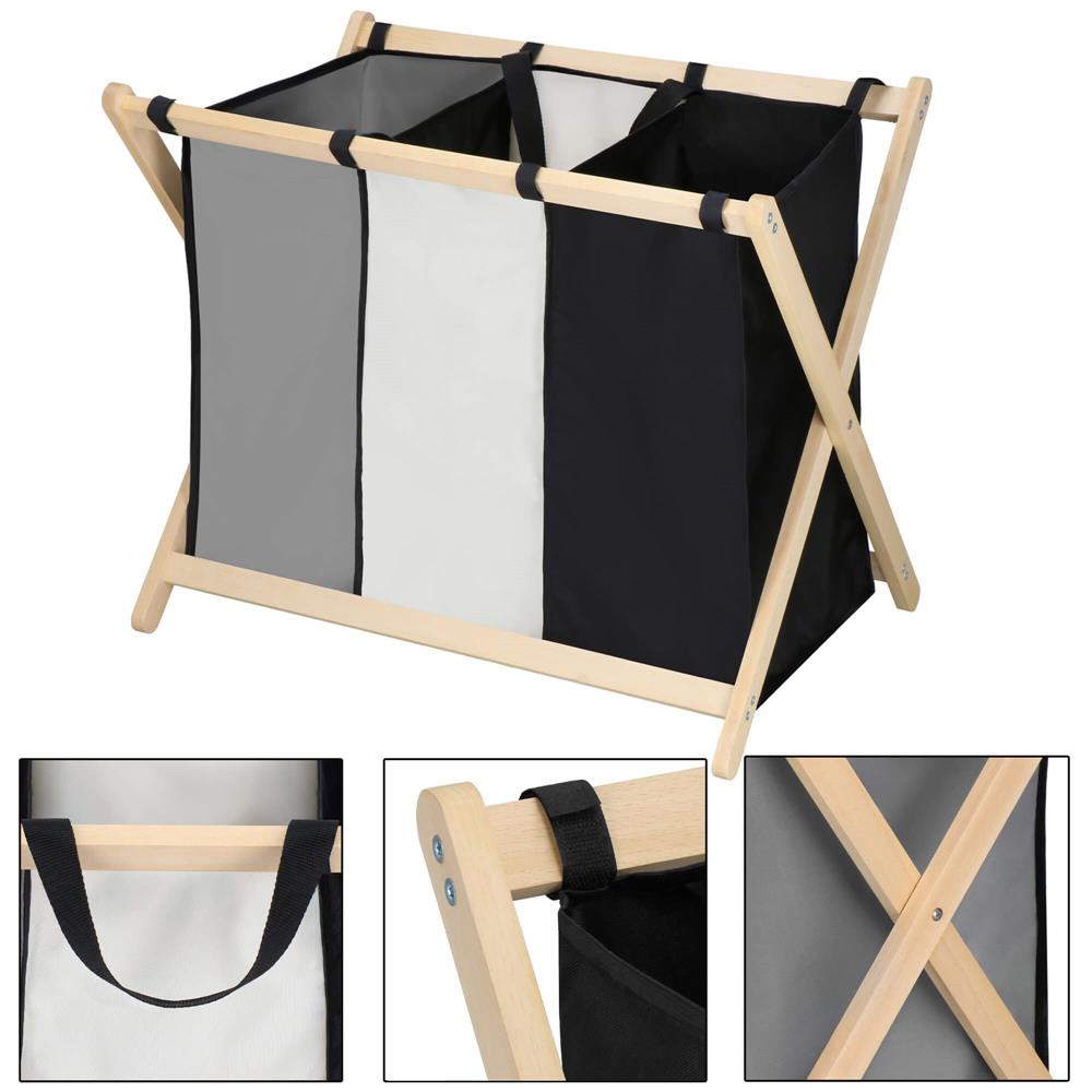 Cos de rufe cu 3 compartimente, cadru din lemn, 67x42x57 cm, 105 litri