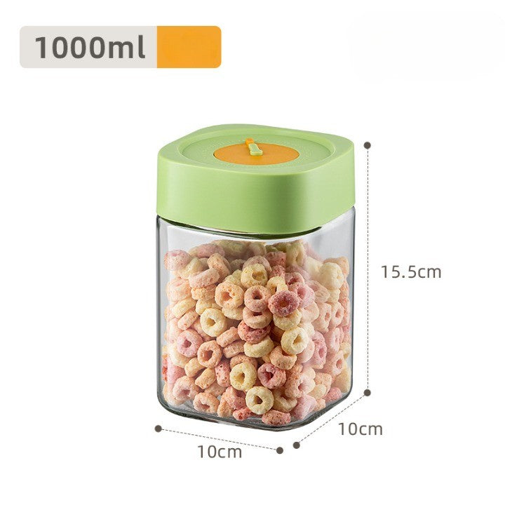 Borcan Alimentar din sticla cu Capac Vid, 1000 ml, Inchidere Ermetica pentru Orice Tip de Produse, Design Patrat, 10 x 10 x 15.5 cm, Transparenta cu Capac Verde