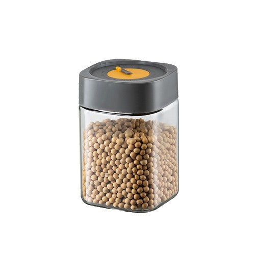 Borcan Alimentar din sticla cu Capac Vid, Flippy, 1000 ml, Inchidere Ermetica pentru Orice Tip de Produse, Design Patrat, 10 x 10 x 15.5 cm, Transparenta cu Capac Gri