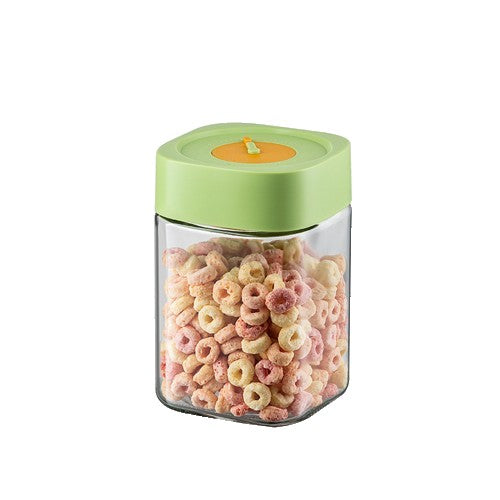 Borcan Alimentar din sticla cu Capac Vid, 1000 ml, Inchidere Ermetica pentru Orice Tip de Produse, Design Patrat, 10 x 10 x 15.5 cm, Transparenta cu Capac Verde
