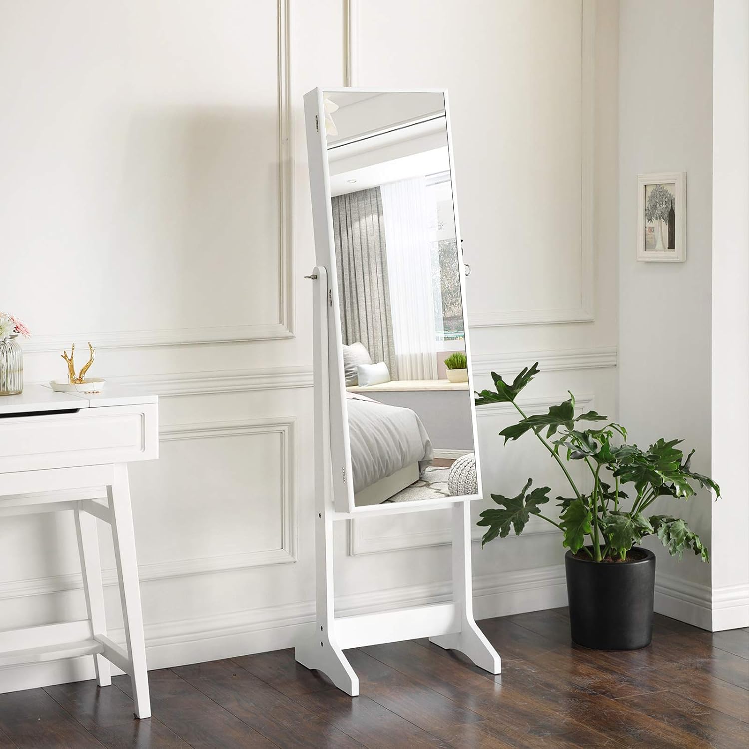SONGMICS Oglinda de podea cu suport, din MDF, spatiu de depozitare, 41x37x152 cm, alb