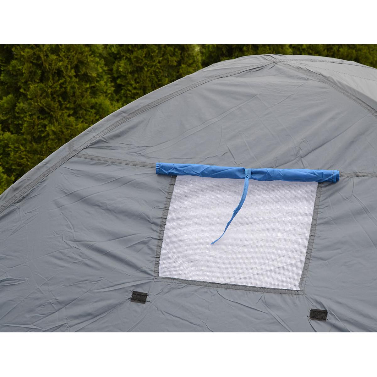 Cort camping 4 persoane cu antreu, impermeabil 3000 mm, 450x210x150 cm, negru si albastru