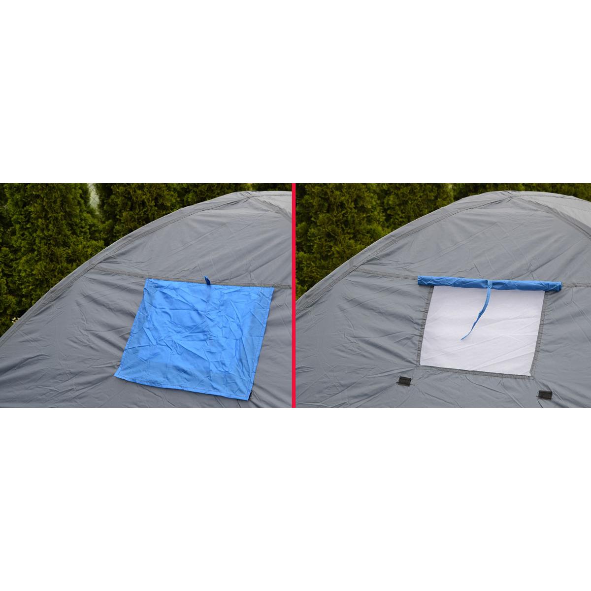 Cort camping 4 persoane cu antreu, impermeabil 3000 mm, 450x210x150 cm, negru si albastru