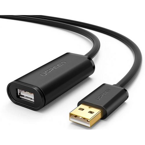 CABLU USB Ugreen prelungitor, "US121" USB 2.0 (T) la USB 2.0 (M), conectori auriti, chip pentru amplificare semnal integrat, 5m, negru, "10319" - 6957303813193