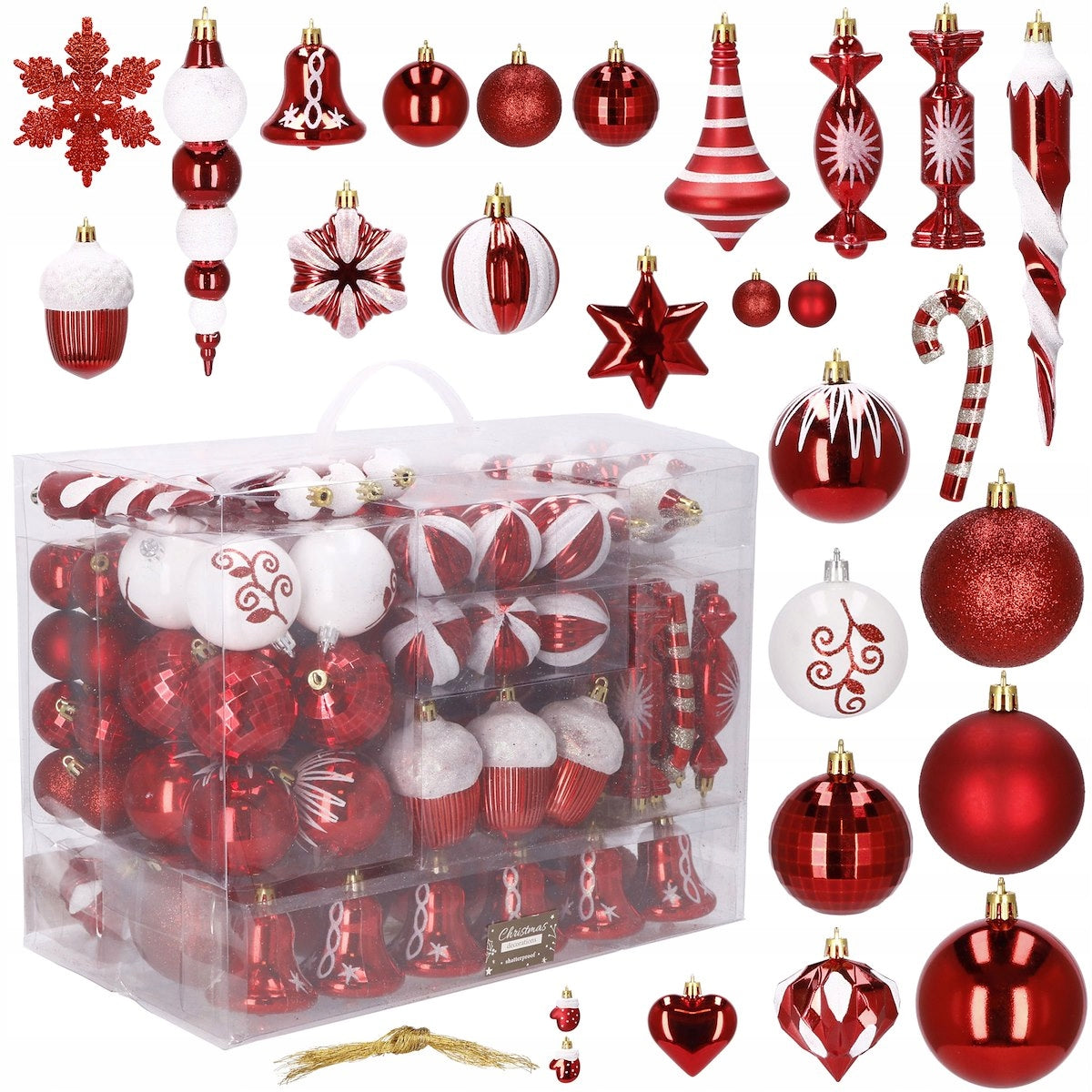 Set globuri si decoratiuni de Craciun, 153 piese, diverse dimensiuni, rosu