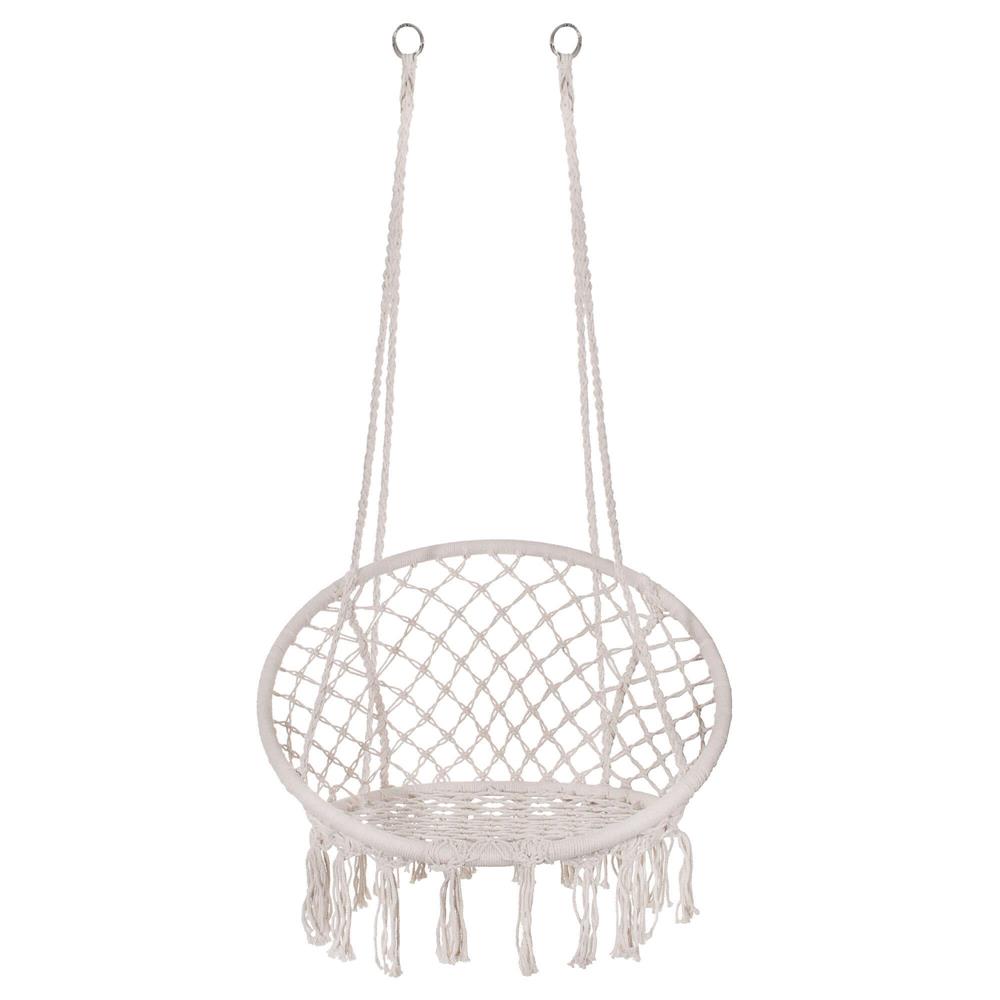 Scaun rotund tip leagan suspendat pentru casa sau gradina, cu franjuri, 150kg, crem