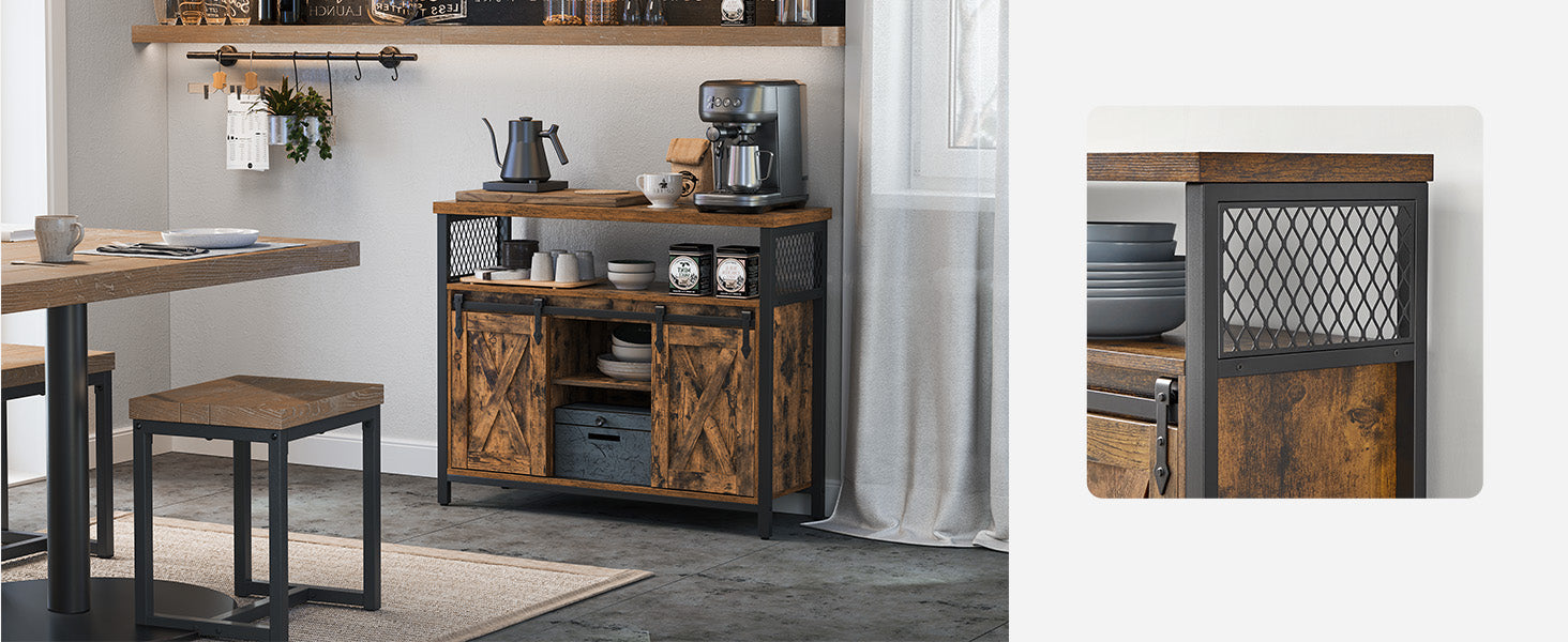 Comoda pentru living sau bucatarie, cu 2 usi glisante, rafturi reglabile, stil rustic, 33x100x80cm, maro si negru