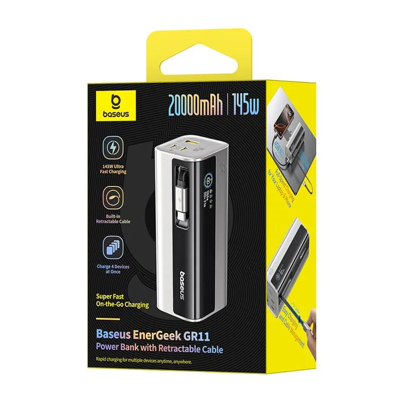 POWER BANK Baseus EnerGeek GR11, 20000mAh, 145W, 2 x USB Type-C, 1 x USB, cablu integrat USB Type-C, display, argintiu, "E0027B02" - 6932172691738