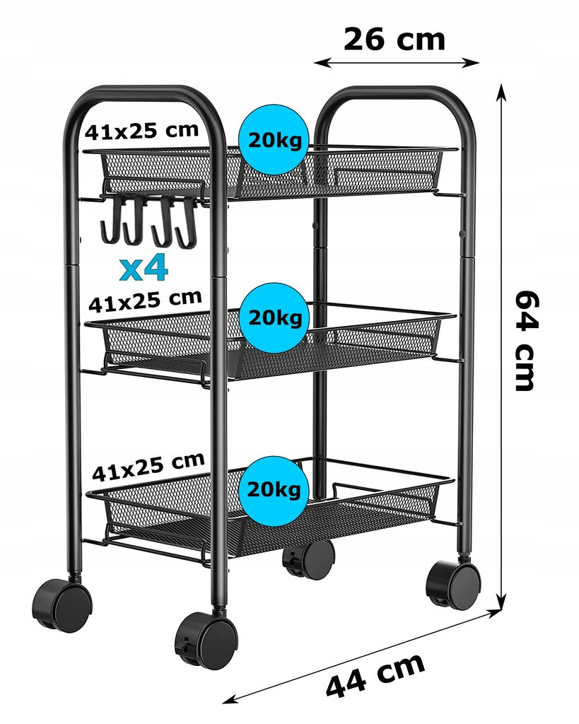 Raft metalic mobil tip carucior pentru bucatarie, 3 polite si 4 agatatori, negru, 44x26x64cm