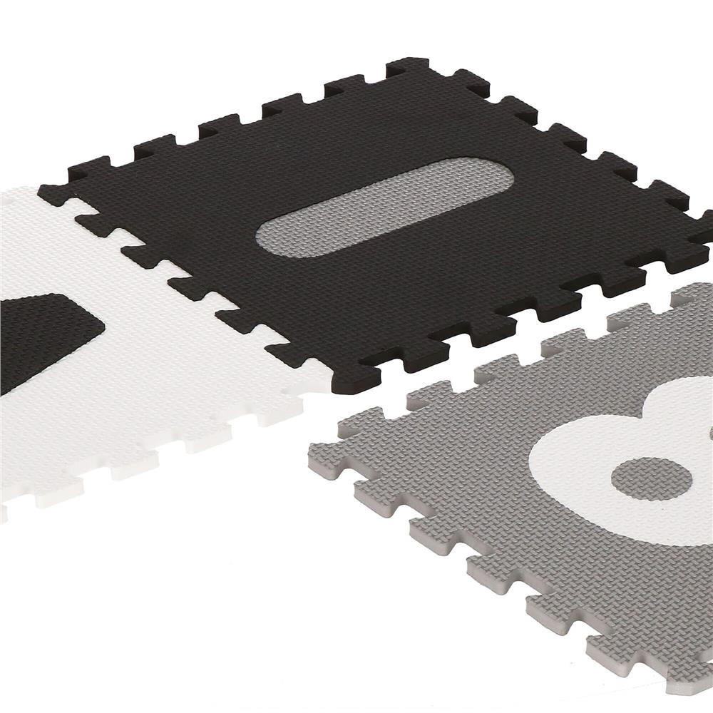 Covor din spuma pentru copii, tip puzzle alfabet si numere, 110 piese, termoizolant, 175x175 cm, negru, gri