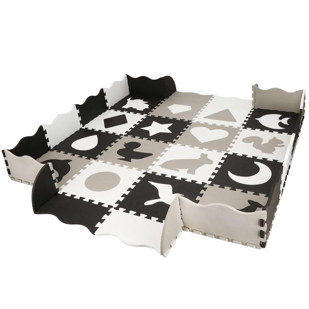 Covor din spuma pentru copii, tip puzzle animale, 52 piese, termoizolant, 150x150 cm, gri negru