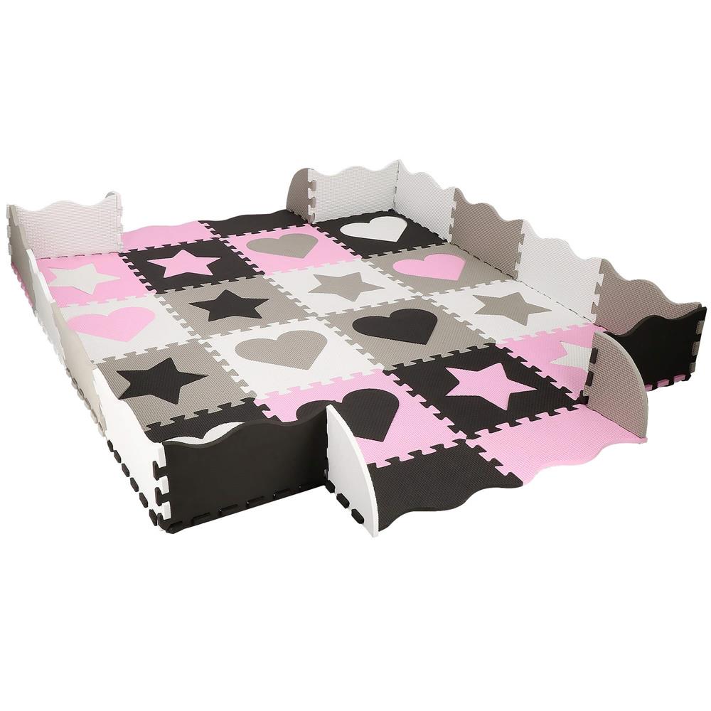 Covor din spuma pentru copii, tip puzzle forme, 52 piese, termoizolant, 150x150 cm, gri roz
