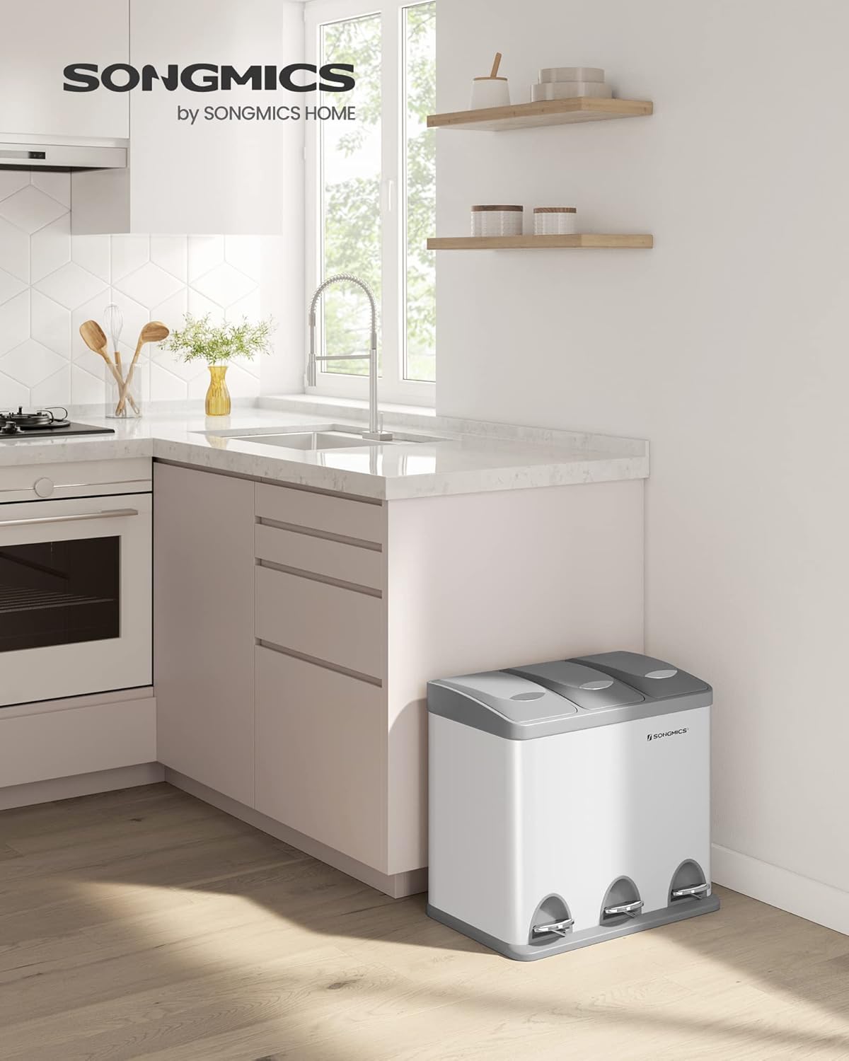 SONGMICS Cos de gunoi din otel cu 3 compartimente colectare selectiva, cu galeti interioare, 3x8litri, alb si gri