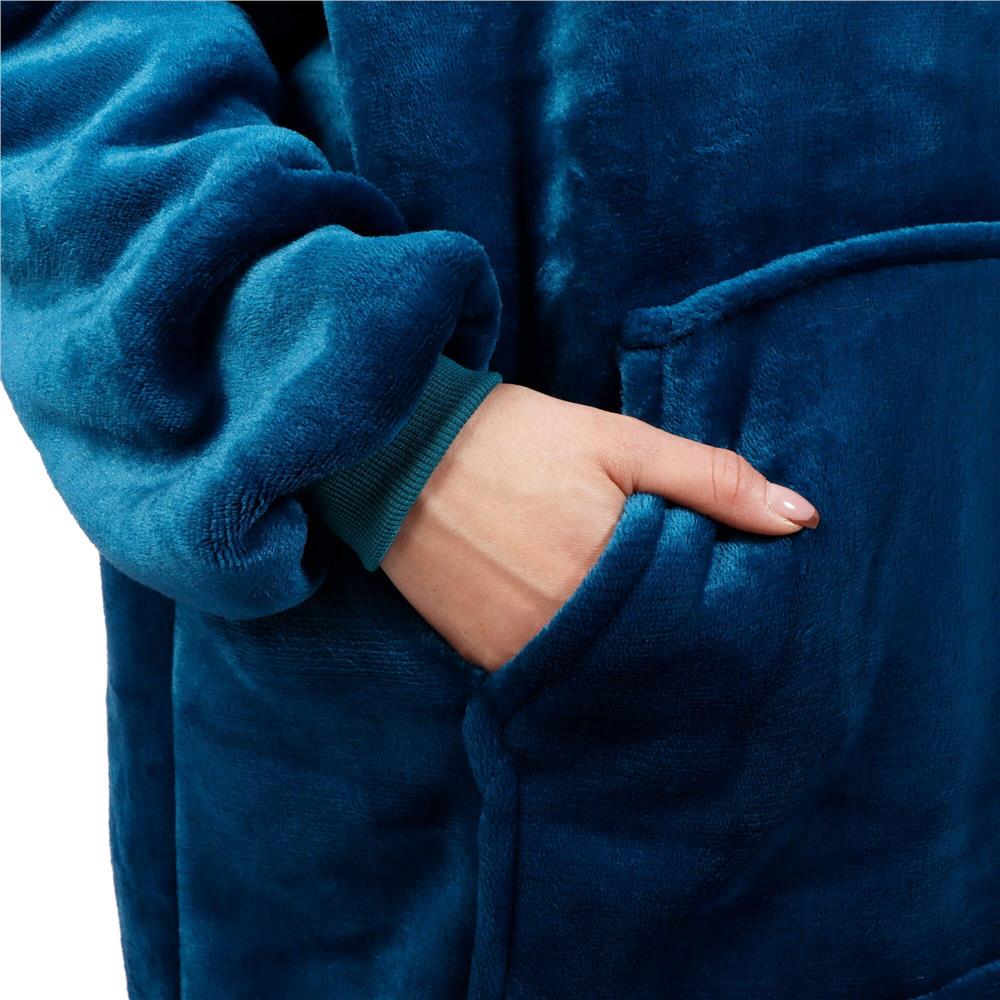 Patura tip hanorac, cu maneci, gluga si buzunare, material plus, marime universala, albastra