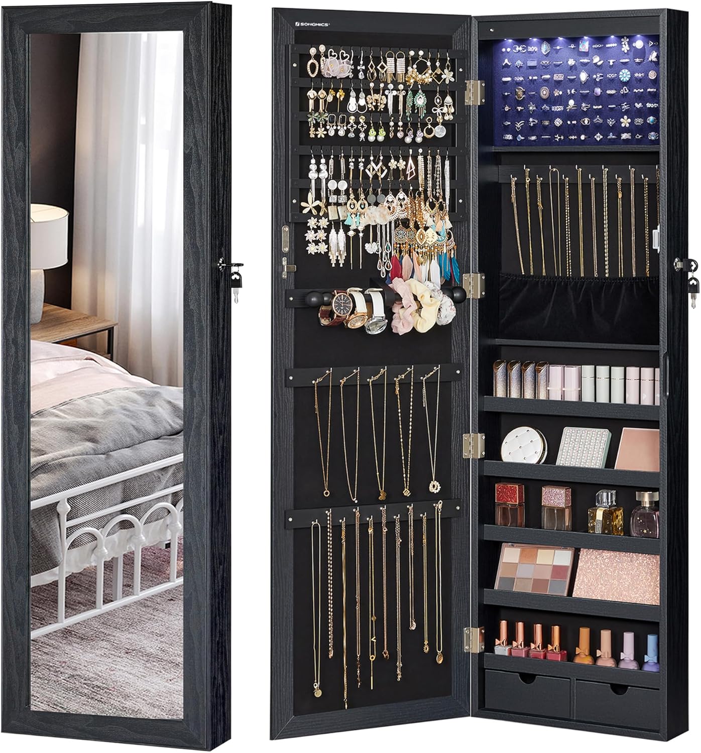 SONGMICS Dulap pentru bijuterii cu oglinda, montare pe perete sau usa, material MDF, inchidere cu cheie, 120x37x10 cm, negru