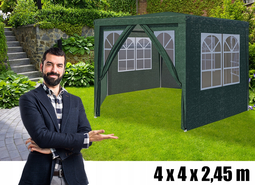 Cort pavilion de gradina hexagonal, 200x200 cm, cu pereti laterali cu ferestre, impermeabil cu rezistenta UV, verde