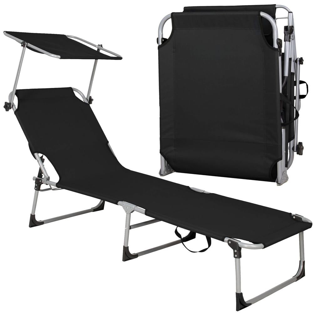 Sezlong pliabil cu parasolar, 188x57x38cm, sarcina 120kg, gri antracit