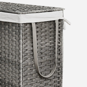 SONGMICS Cos de rufe tesut manual, cu captuseala detasabila lavabila, 3 compartimente, stil ratan, 140 litri, 66x33x60 cm, gri