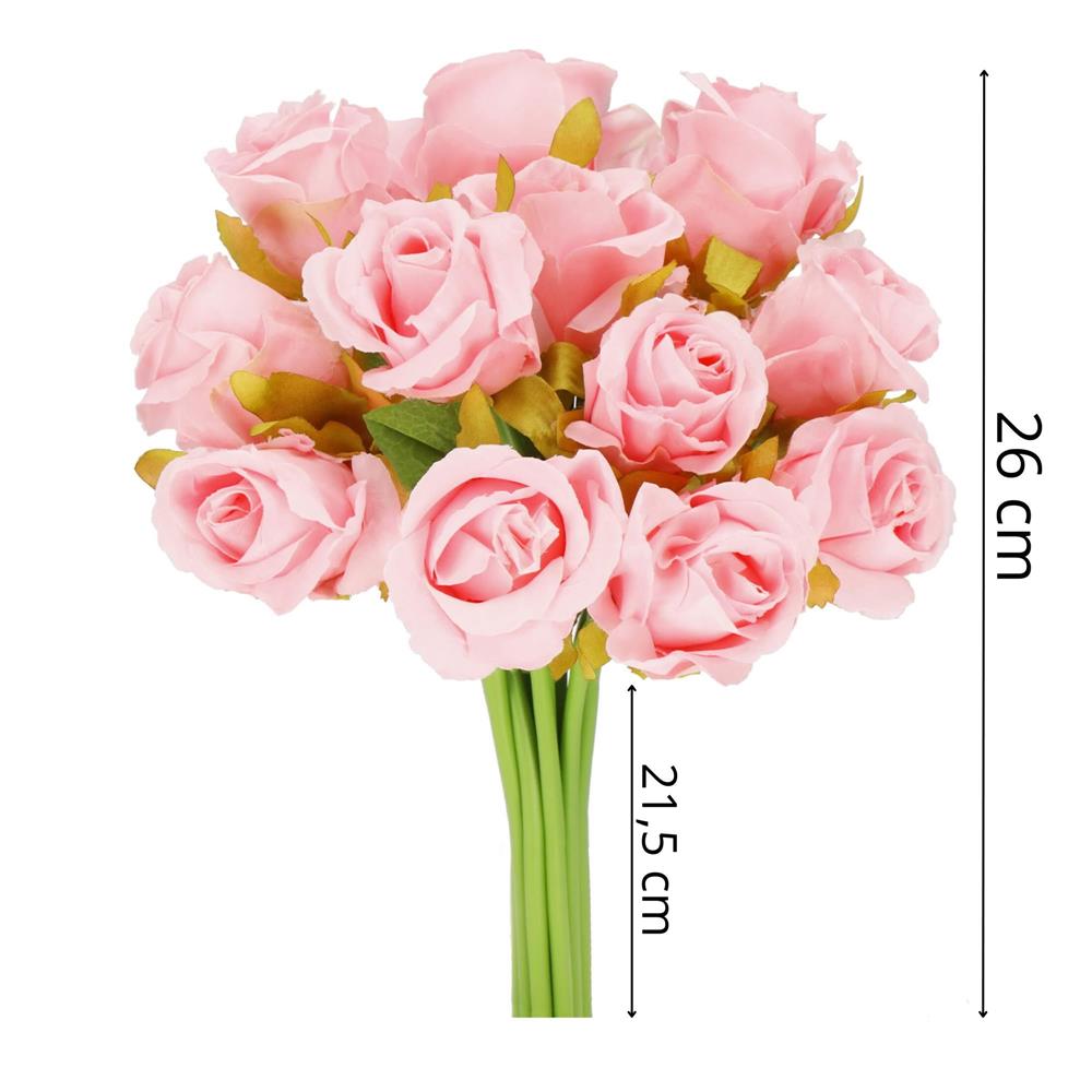 Buchet de flori artificiale din poliester, 12 fire trandafiri, 26cm, roz - 9